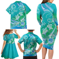 Polynesia Sea Turtle Couple Family Matching Long Sleeve Bodycon Dress and Hawaiian Shirt I Am Turtley In Love With You