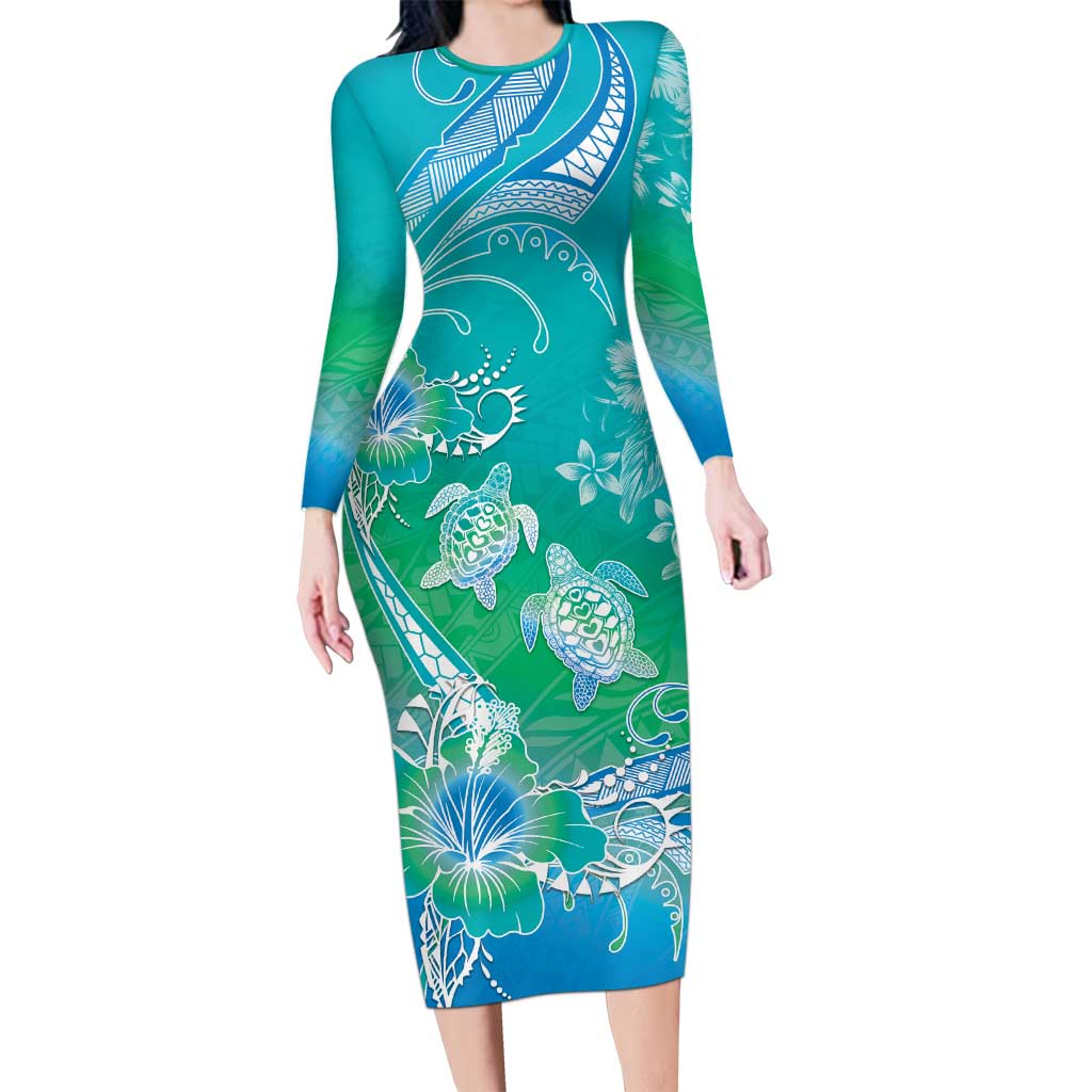 Polynesia Sea Turtle Couple Family Matching Long Sleeve Bodycon Dress and Hawaiian Shirt I Am Turtley In Love With You