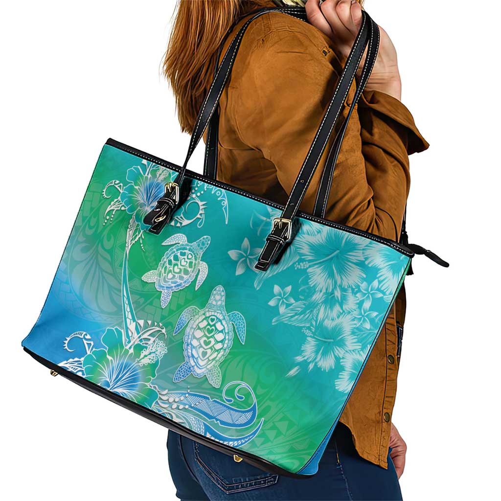 Polynesia Sea Turtle Couple Leather Tote Bag I Am Turtley In Love With You