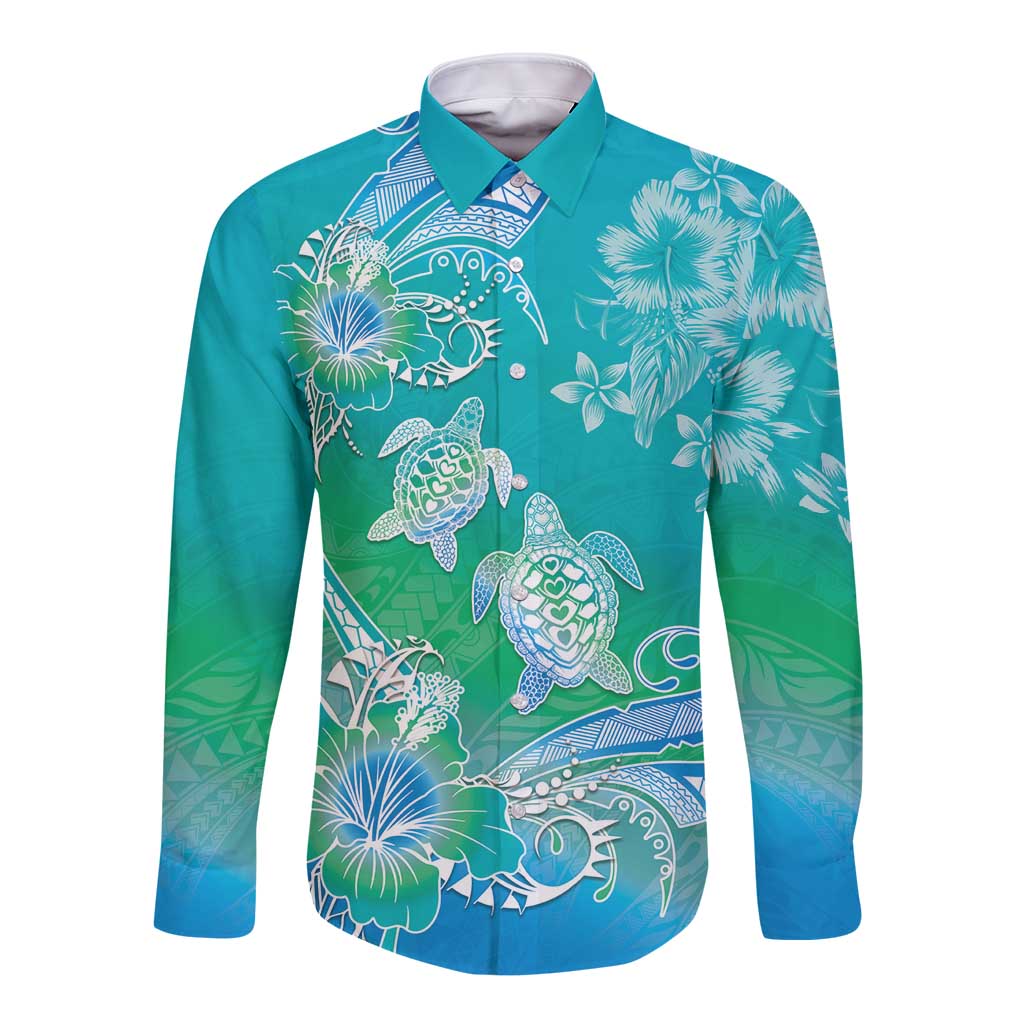 Polynesia Sea Turtle Couple Long Sleeve Button Shirt I Am Turtley In Love With You LT05 Unisex Turquoise - Polynesian Pride