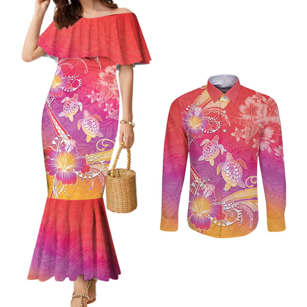 Polynesia Sea Turtle Couple Couples Matching Mermaid Dress and Long Sleeve Button Shirt One Soul One Love