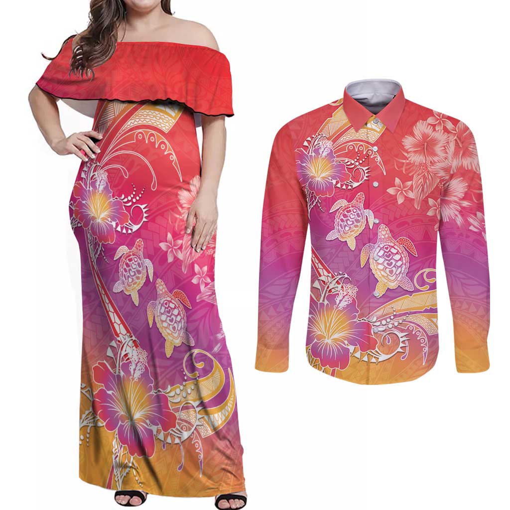 Polynesia Sea Turtle Couple Couples Matching Off Shoulder Maxi Dress and Long Sleeve Button Shirt One Soul One Love LT05 Red - Polynesian Pride