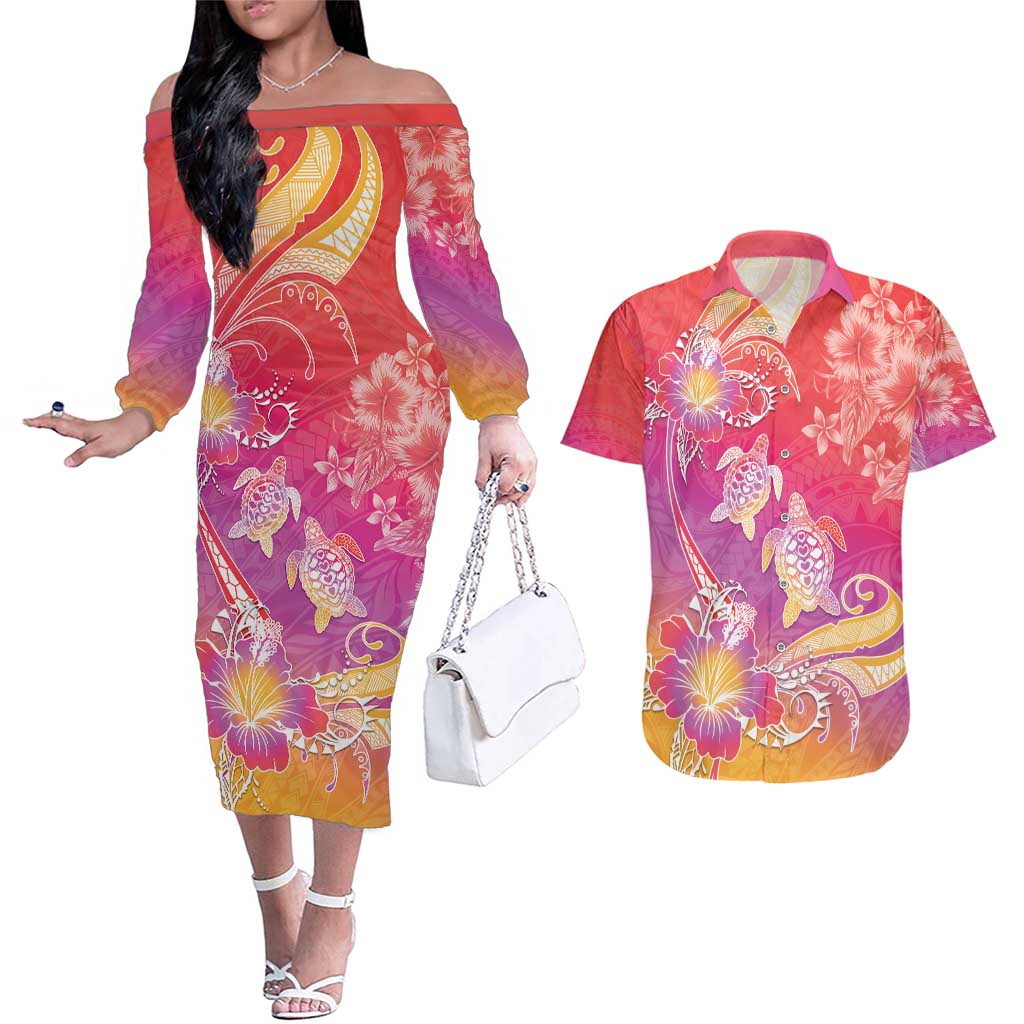 Polynesia Sea Turtle Couple Couples Matching Off The Shoulder Long Sleeve Dress and Hawaiian Shirt One Soul One Love