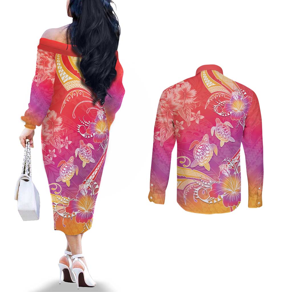 Polynesia Sea Turtle Couple Couples Matching Off The Shoulder Long Sleeve Dress and Long Sleeve Button Shirt One Soul One Love