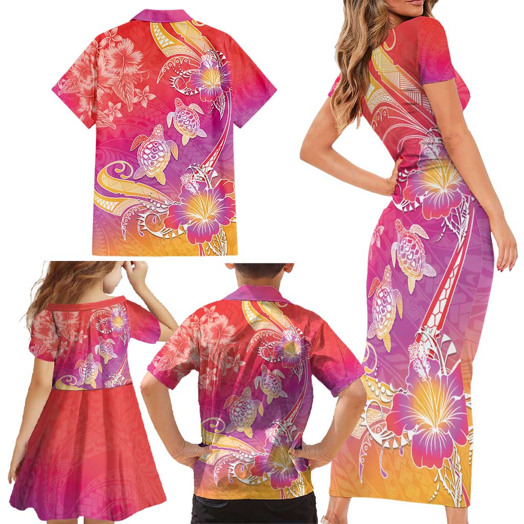 Polynesia Sea Turtle Couple Family Matching Short Sleeve Bodycon Dress and Hawaiian Shirt One Soul One Love