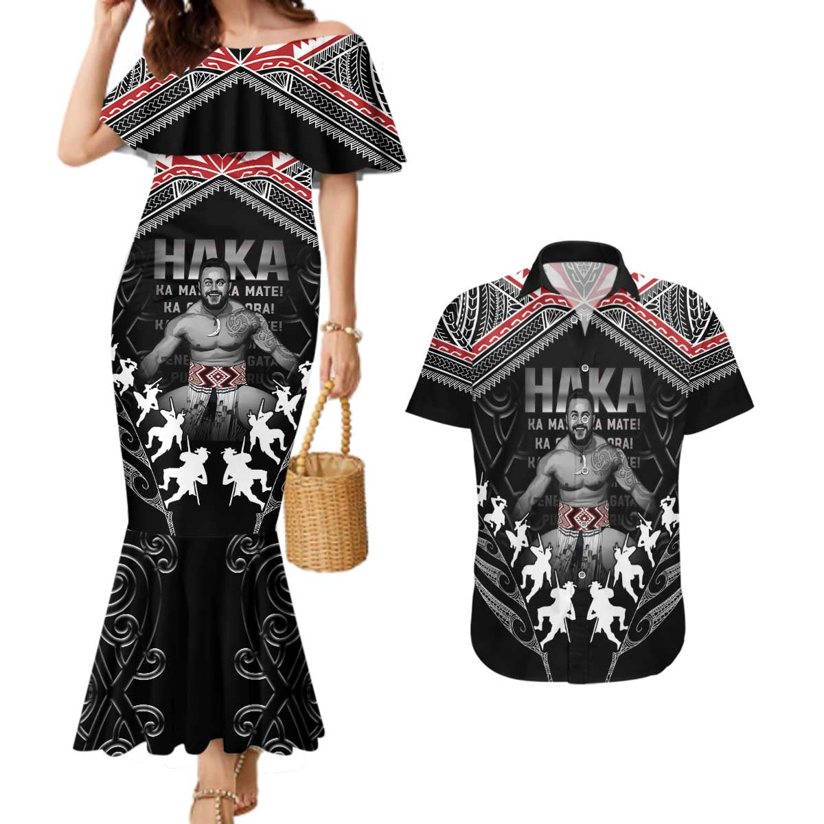 New Zealand Aotearoa Couples Matching Mermaid Dress and Hawaiian Shirt Traditional Kapa Haka