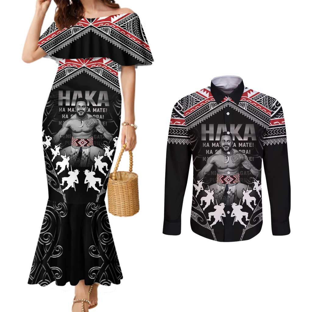 New Zealand Aotearoa Couples Matching Mermaid Dress and Long Sleeve Button Shirt Traditional Kapa Haka