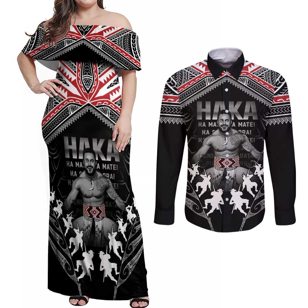 New Zealand Aotearoa Couples Matching Off Shoulder Maxi Dress and Long Sleeve Button Shirt Traditional Kapa Haka