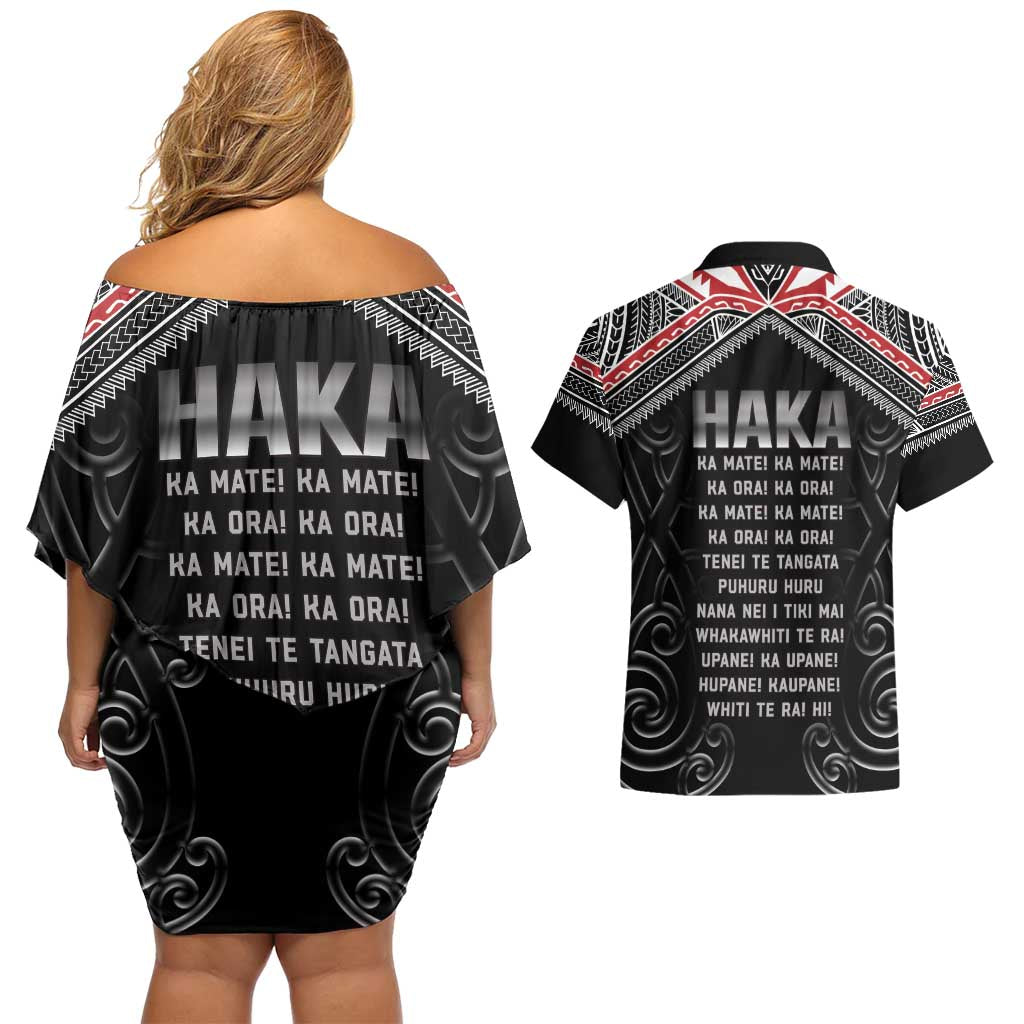 New Zealand Aotearoa Couples Matching Off Shoulder Short Dress and Hawaiian Shirt Traditional Kapa Haka