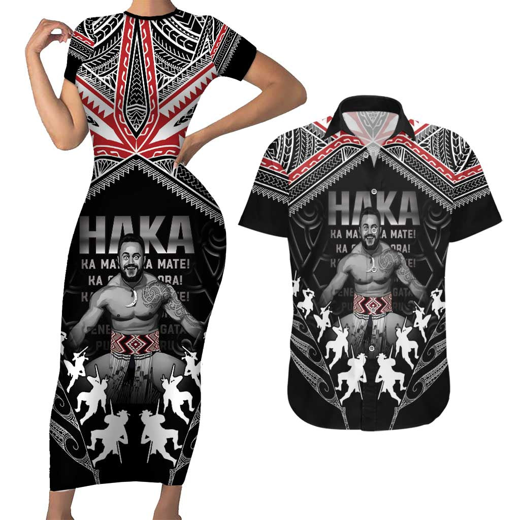 New Zealand Aotearoa Couples Matching Short Sleeve Bodycon Dress and Hawaiian Shirt Traditional Kapa Haka LT05 Black - Polynesian Pride