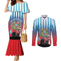 Personalised Free West Papua Couples Matching Mermaid Dress and Long Sleeve Button Shirt One People One Soul Unique Style LT05 Blue - Polynesian Pride