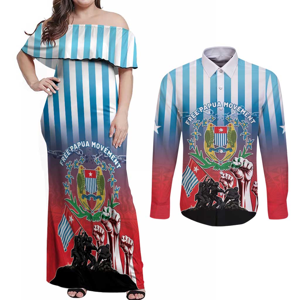 Personalised Free West Papua Couples Matching Off Shoulder Maxi Dress and Long Sleeve Button Shirt One People One Soul Unique Style LT05 Blue - Polynesian Pride