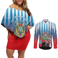 Personalised Free West Papua Couples Matching Off Shoulder Short Dress and Long Sleeve Button Shirt One People One Soul Unique Style LT05 Blue - Polynesian Pride