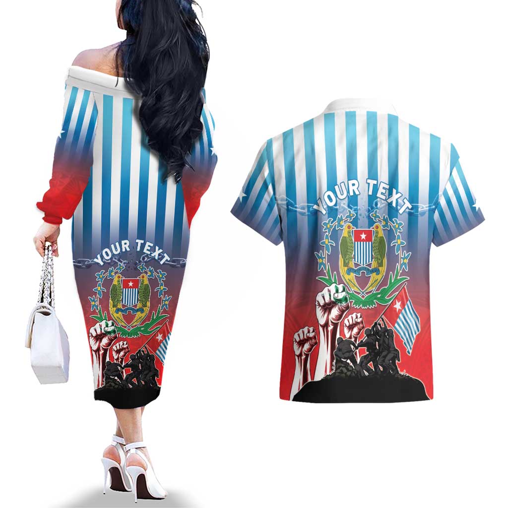 Personalised Free West Papua Couples Matching Off The Shoulder Long Sleeve Dress and Hawaiian Shirt One People One Soul Unique Style - Polynesian Pride