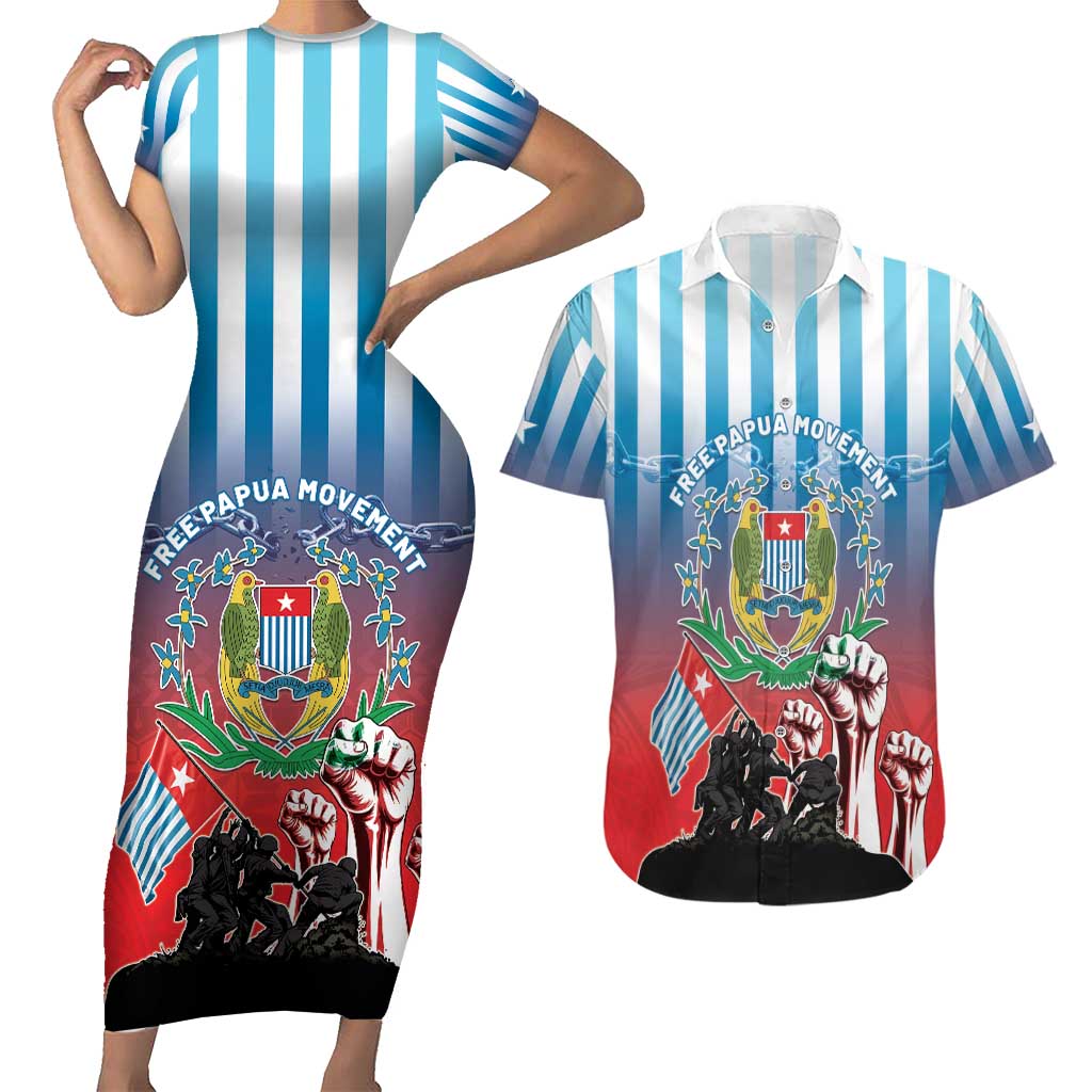 Personalised Free West Papua Couples Matching Short Sleeve Bodycon Dress and Hawaiian Shirt One People One Soul Unique Style LT05 Blue - Polynesian Pride