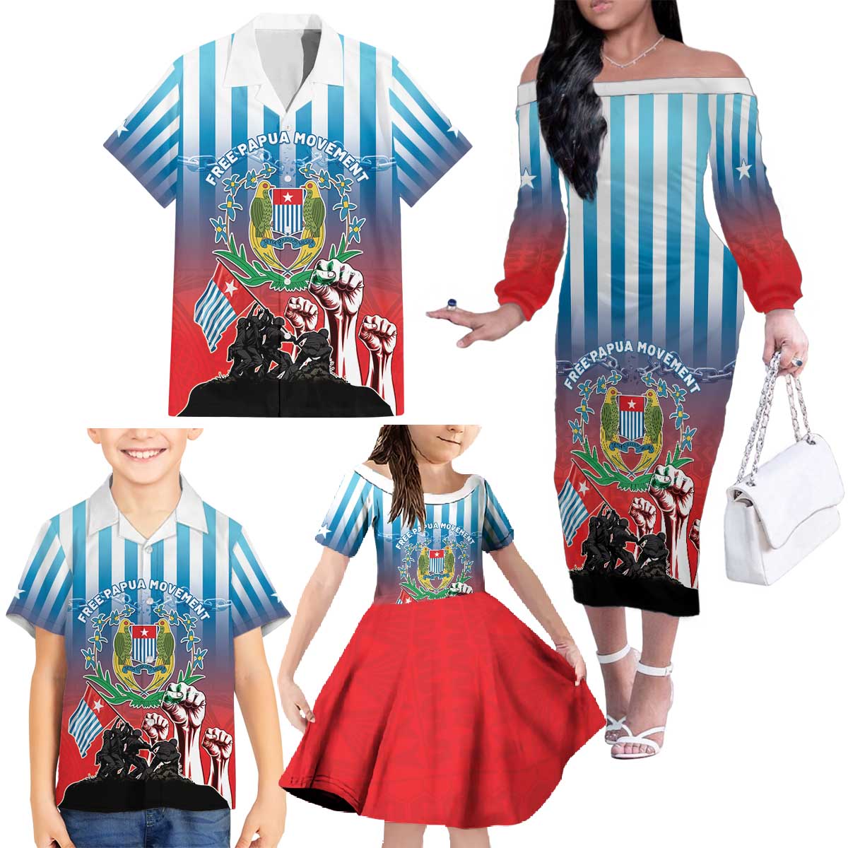 Personalised Free West Papua Family Matching Off The Shoulder Long Sleeve Dress and Hawaiian Shirt One People One Soul Unique Style - Polynesian Pride