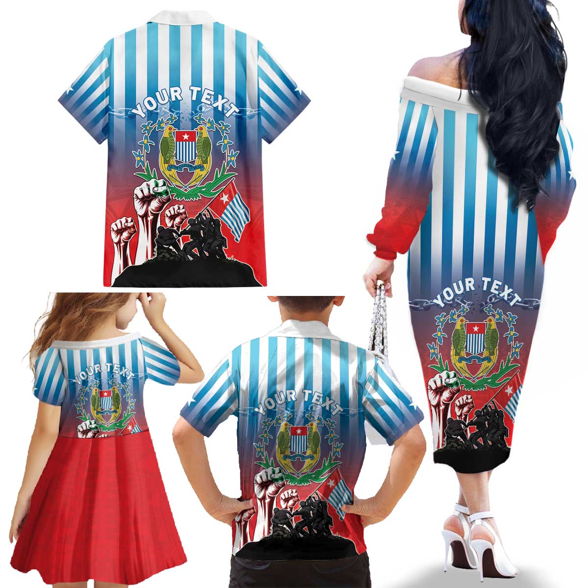 Personalised Free West Papua Family Matching Off The Shoulder Long Sleeve Dress and Hawaiian Shirt One People One Soul Unique Style - Polynesian Pride