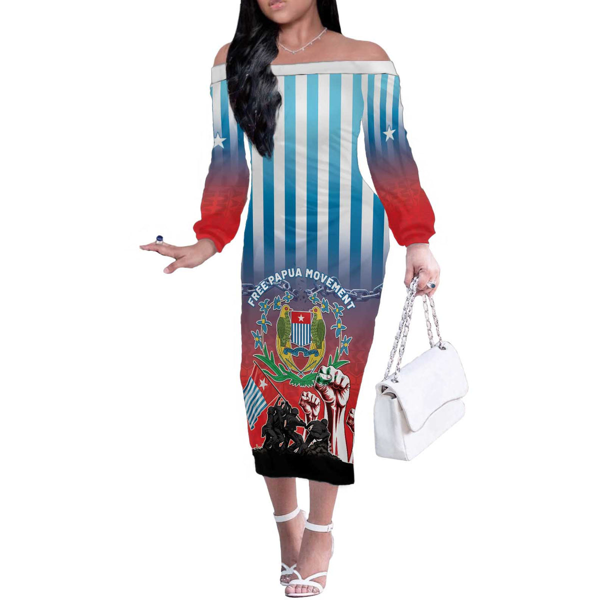 Personalised Free West Papua Off The Shoulder Long Sleeve Dress One People One Soul Unique Style - Polynesian Pride