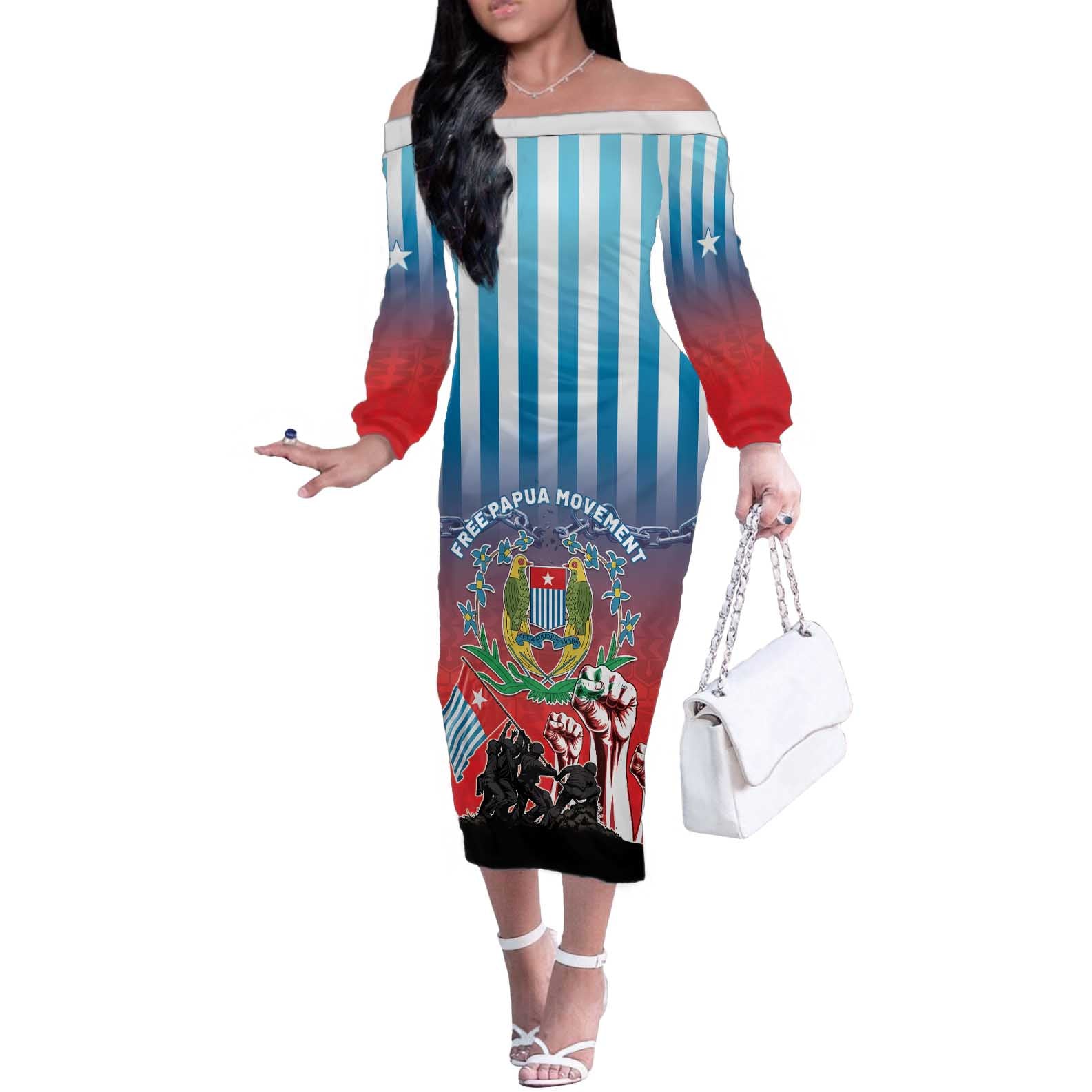 Personalised Free West Papua Off The Shoulder Long Sleeve Dress One People One Soul Unique Style - Polynesian Pride