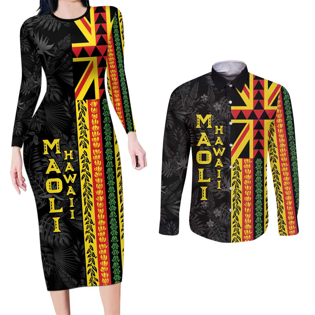 Hawaii Maoli Spirit Couples Matching Long Sleeve Bodycon Dress and Long Sleeve Button Shirt Kakau Pattern With Flower Lei LT05 Black - Polynesian Pride