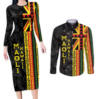 Hawaii Maoli Spirit Couples Matching Long Sleeve Bodycon Dress and Long Sleeve Button Shirt Kakau Pattern With Flower Lei LT05 Black - Polynesian Pride