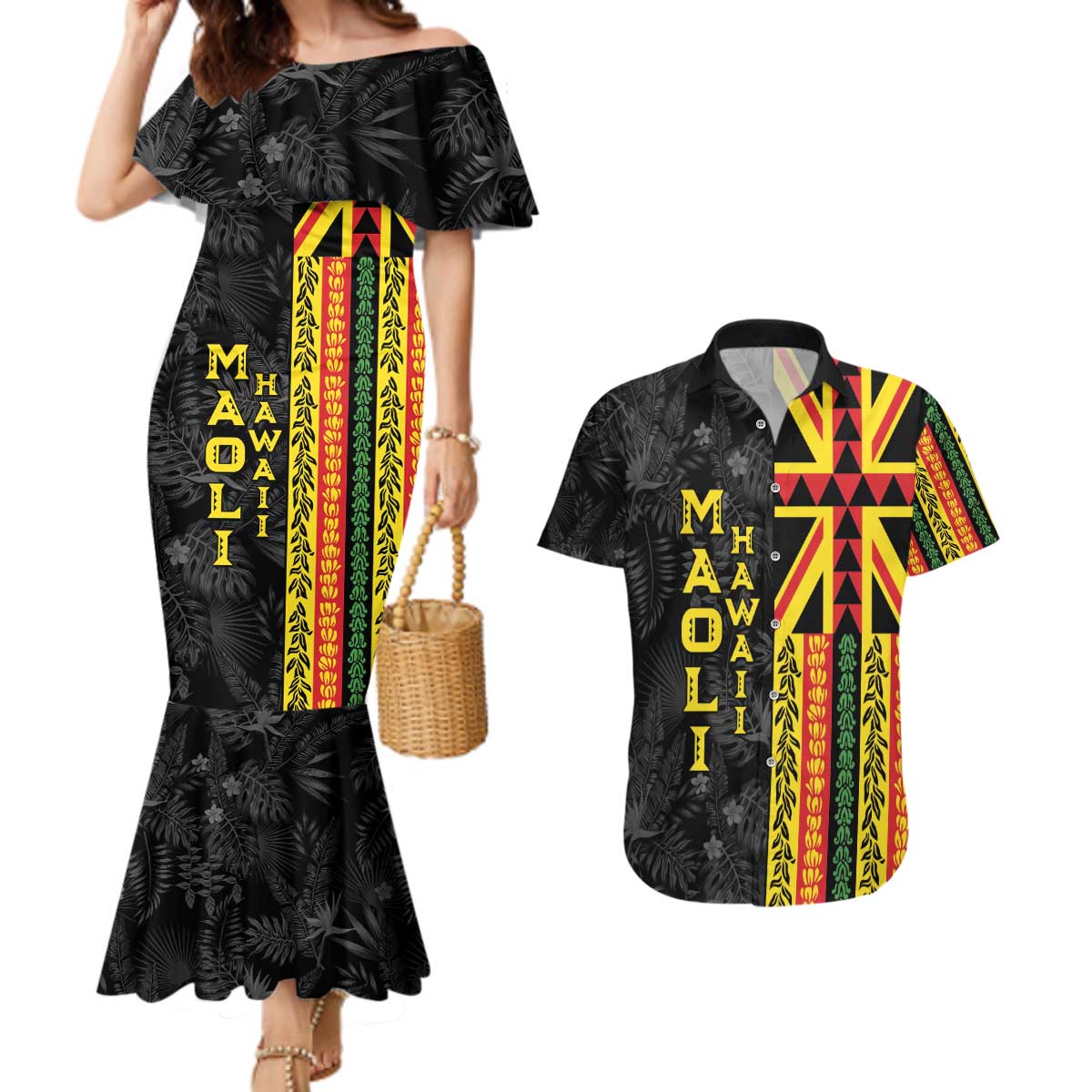 Hawaii Maoli Spirit Couples Matching Mermaid Dress and Hawaiian Shirt Kakau Pattern With Flower Lei LT05 Black - Polynesian Pride