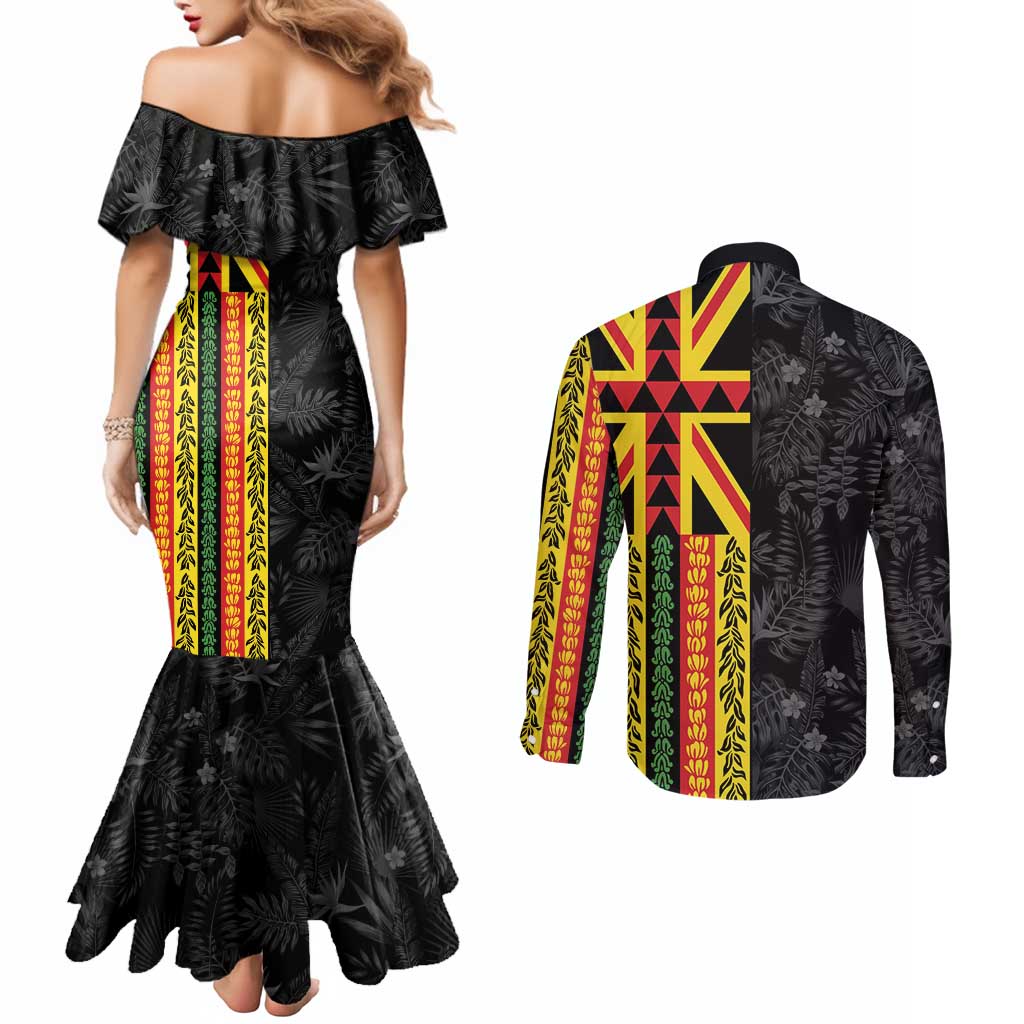 Hawaii Maoli Spirit Couples Matching Mermaid Dress and Long Sleeve Button Shirt Kakau Pattern With Flower Lei - Polynesian Pride