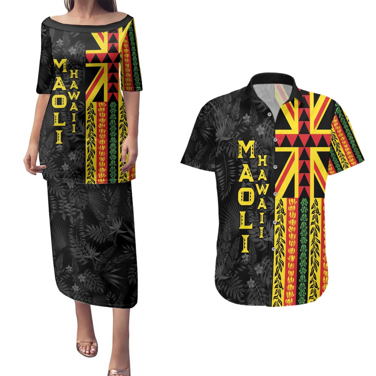 Hawaii Maoli Spirit Couples Matching Puletasi and Hawaiian Shirt Kakau Pattern With Flower Lei - Polynesian Pride