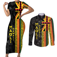 Hawaii Maoli Spirit Couples Matching Short Sleeve Bodycon Dress and Long Sleeve Button Shirt Kakau Pattern With Flower Lei - Polynesian Pride