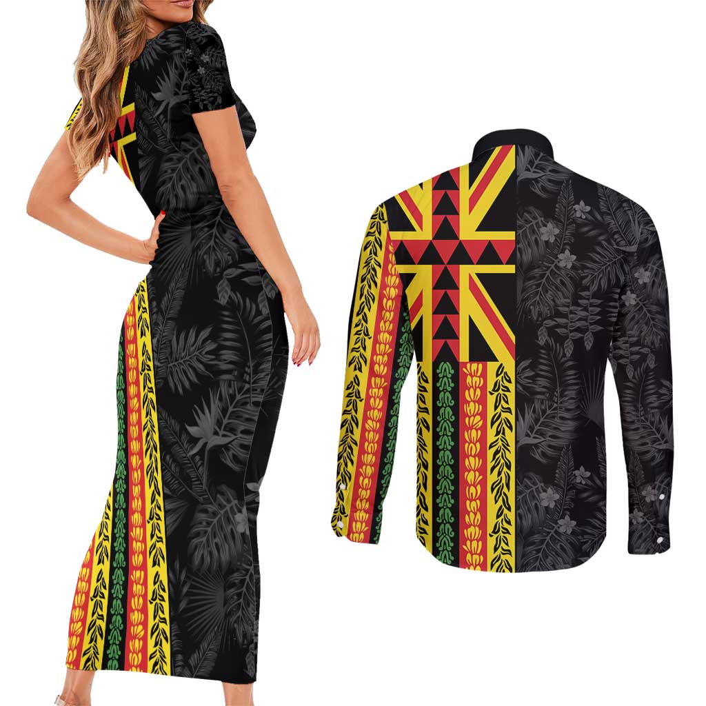 Hawaii Maoli Spirit Couples Matching Short Sleeve Bodycon Dress and Long Sleeve Button Shirt Kakau Pattern With Flower Lei - Polynesian Pride