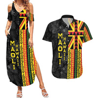 Hawaii Maoli Spirit Couples Matching Summer Maxi Dress and Hawaiian Shirt Kakau Pattern With Flower Lei LT05 Black - Polynesian Pride