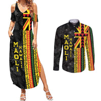 Hawaii Maoli Spirit Couples Matching Summer Maxi Dress and Long Sleeve Button Shirt Kakau Pattern With Flower Lei LT05 Black - Polynesian Pride