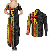Hawaii Maoli Spirit Couples Matching Summer Maxi Dress and Long Sleeve Button Shirt Kakau Pattern With Flower Lei LT05 - Polynesian Pride