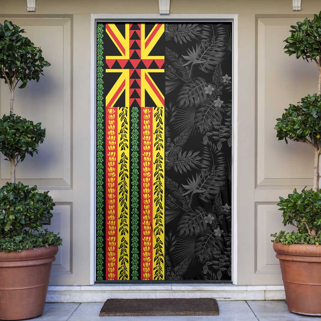 Hawaii Maoli Spirit Door Cover Kakau Pattern With Flower Lei LT05 Black - Polynesian Pride