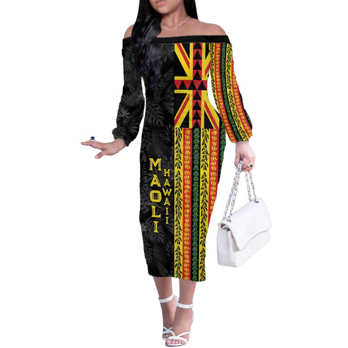Hawaii Maoli Spirit Family Matching Off The Shoulder Long Sleeve Dress and Hawaiian Shirt Kakau Pattern With Flower Lei - Polynesian Pride