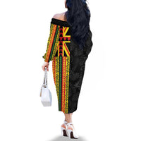Hawaii Maoli Spirit Family Matching Off The Shoulder Long Sleeve Dress and Hawaiian Shirt Kakau Pattern With Flower Lei - Polynesian Pride