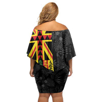 Hawaii Maoli Spirit Family Matching Off Shoulder Short Dress and Hawaiian Shirt Kakau Pattern With Flower Lei - Polynesian Pride