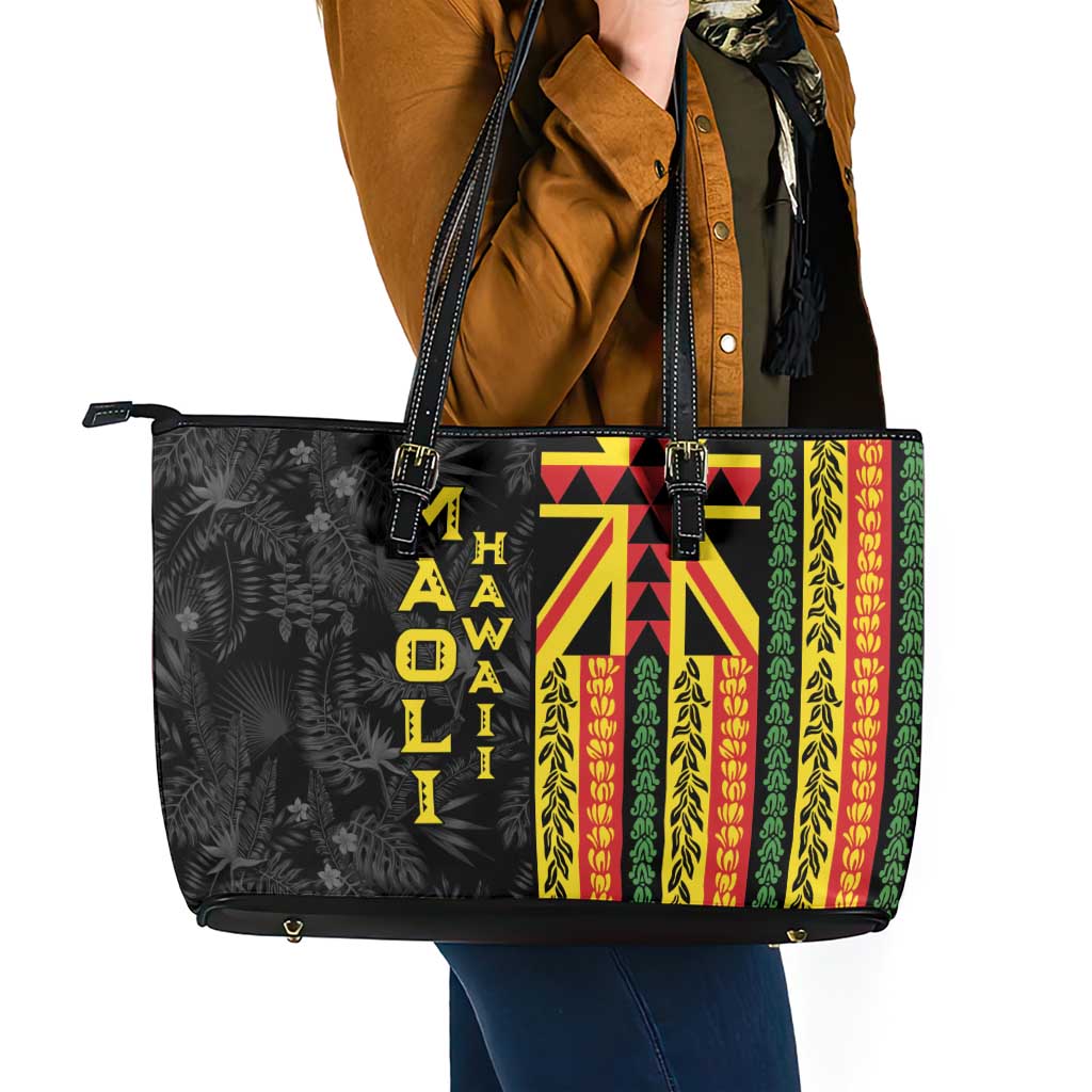 Hawaii Maoli Spirit Leather Tote Bag Kakau Pattern With Flower Lei - Polynesian Pride