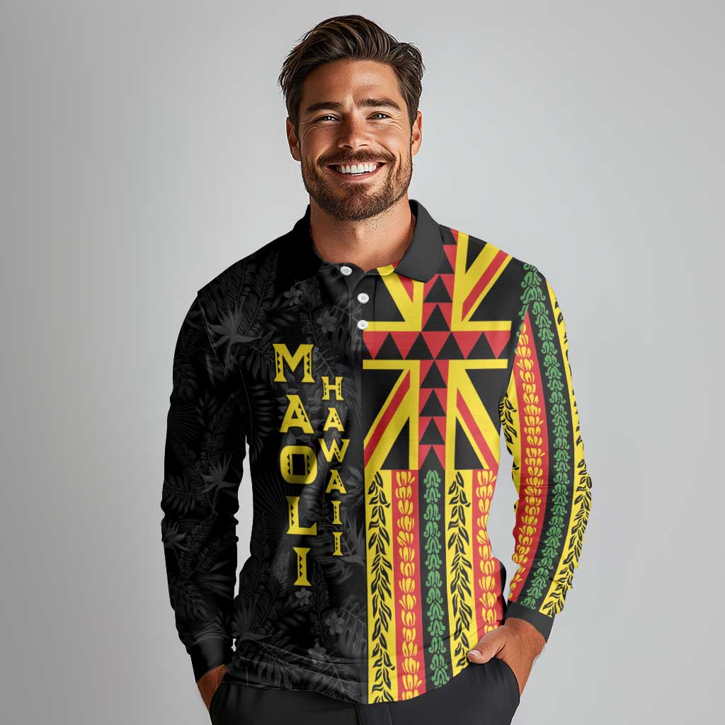 Hawaii Maoli Spirit Long Sleeve Polo Shirt Kakau Pattern With Flower Lei - Polynesian Pride