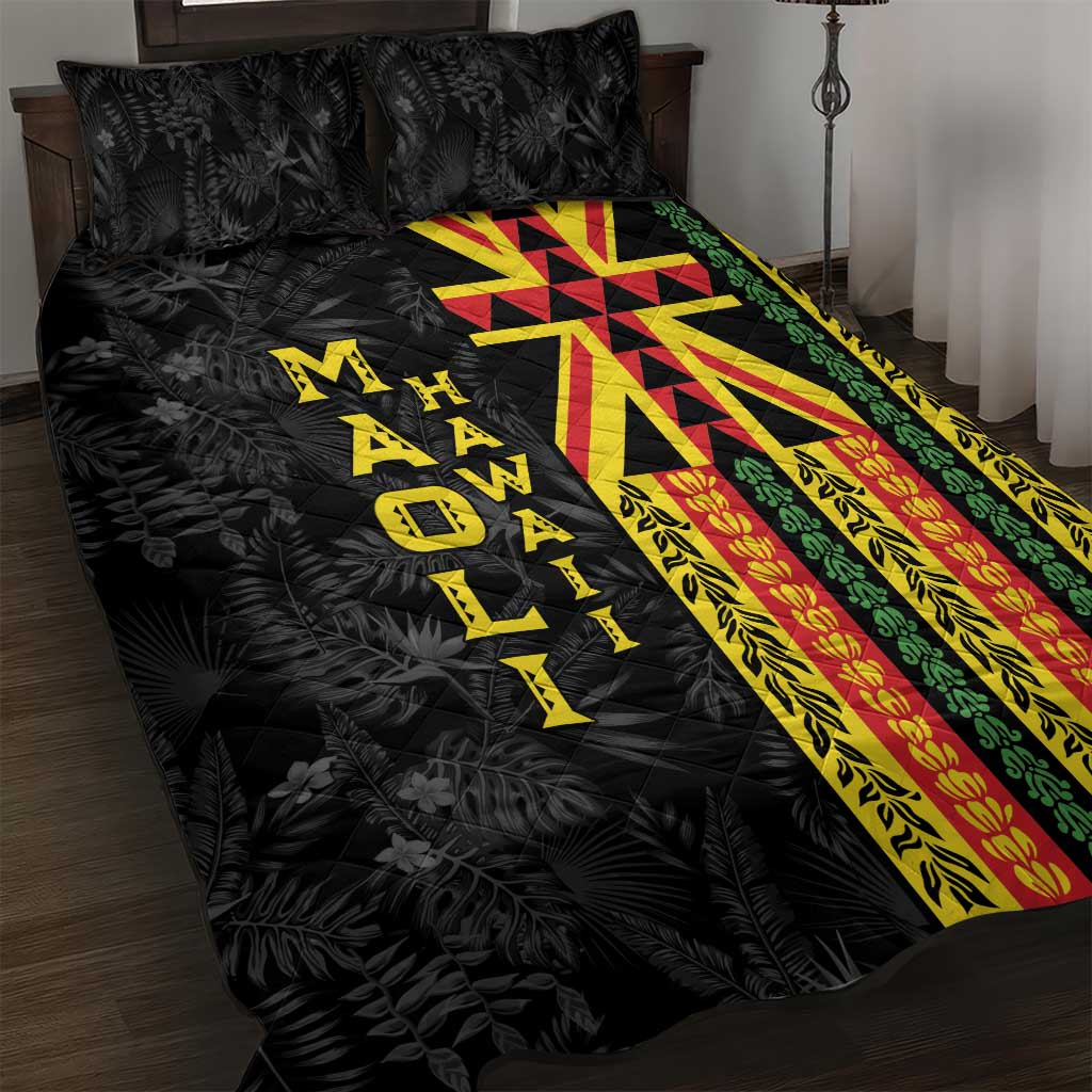 Hawaii Maoli Spirit Quilt Bed Set Kakau Pattern With Flower Lei LT05 Black - Polynesian Pride