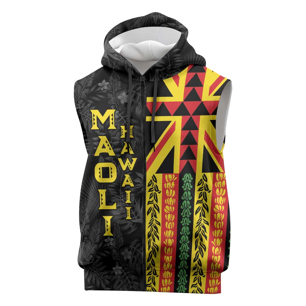 Hawaii Maoli Spirit Sleeveless Zip Hoodie Kakau Pattern With Flower Lei LT05 Black - Polynesian Pride