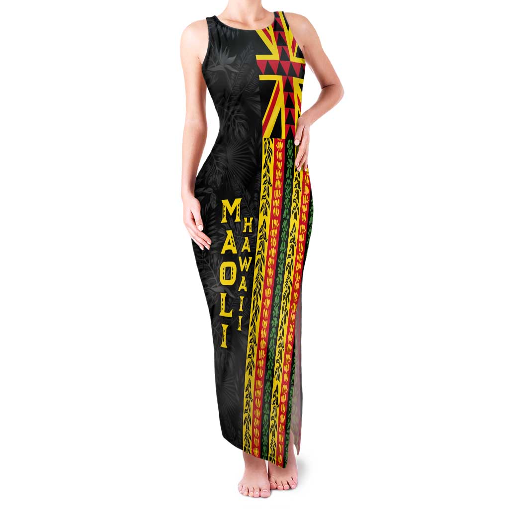 Hawaii Maoli Spirit Tank Maxi Dress Kakau Pattern With Flower Lei - Polynesian Pride
