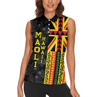 Hawaii Maoli Spirit Women Sleeveless Polo Shirt Kakau Pattern With Flower Lei - Polynesian Pride
