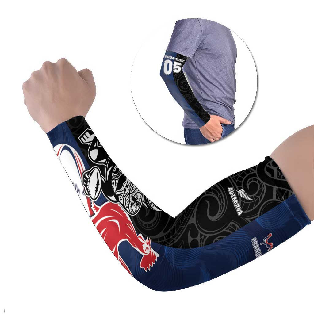 France And New Zealand Rugby Custom Arm Sleeves Les Bleus Rooster With Maori Tiki LT05 Set of 2 Black - Polynesian Pride