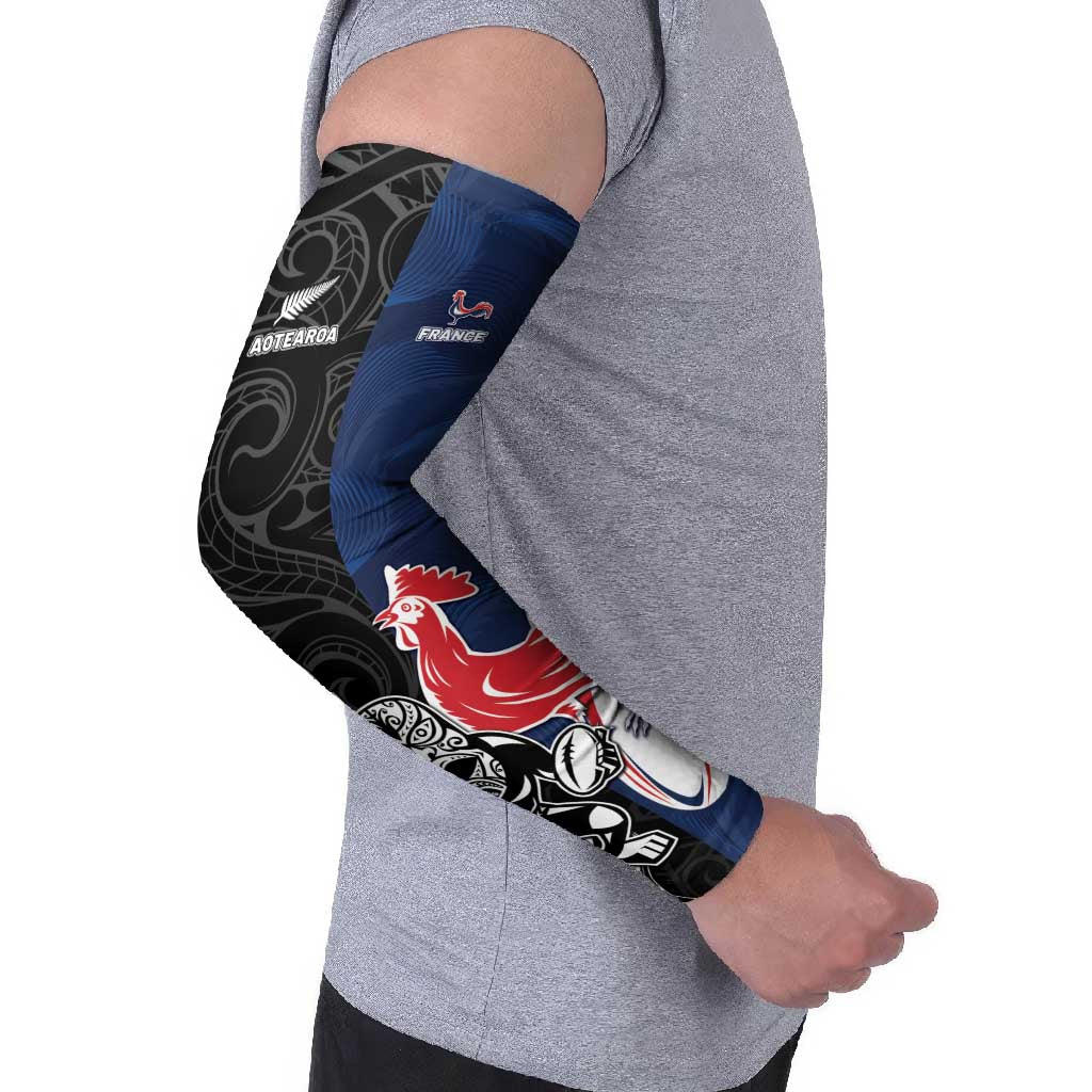 France And New Zealand Rugby Custom Arm Sleeves Les Bleus Rooster With Maori Tiki LT05 - Polynesian Pride
