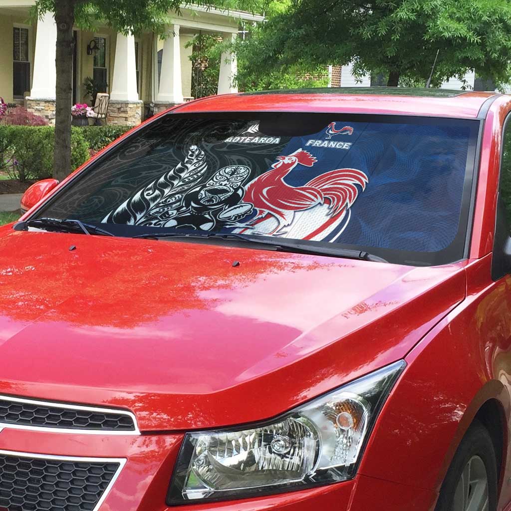 France And New Zealand Rugby Auto Sun Shade Les Bleus Rooster With Maori Tiki LT05 - Polynesian Pride