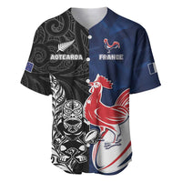 France And New Zealand Rugby Custom Baseball Jersey Les Bleus Rooster With Maori Tiki LT05 Black - Polynesian Pride