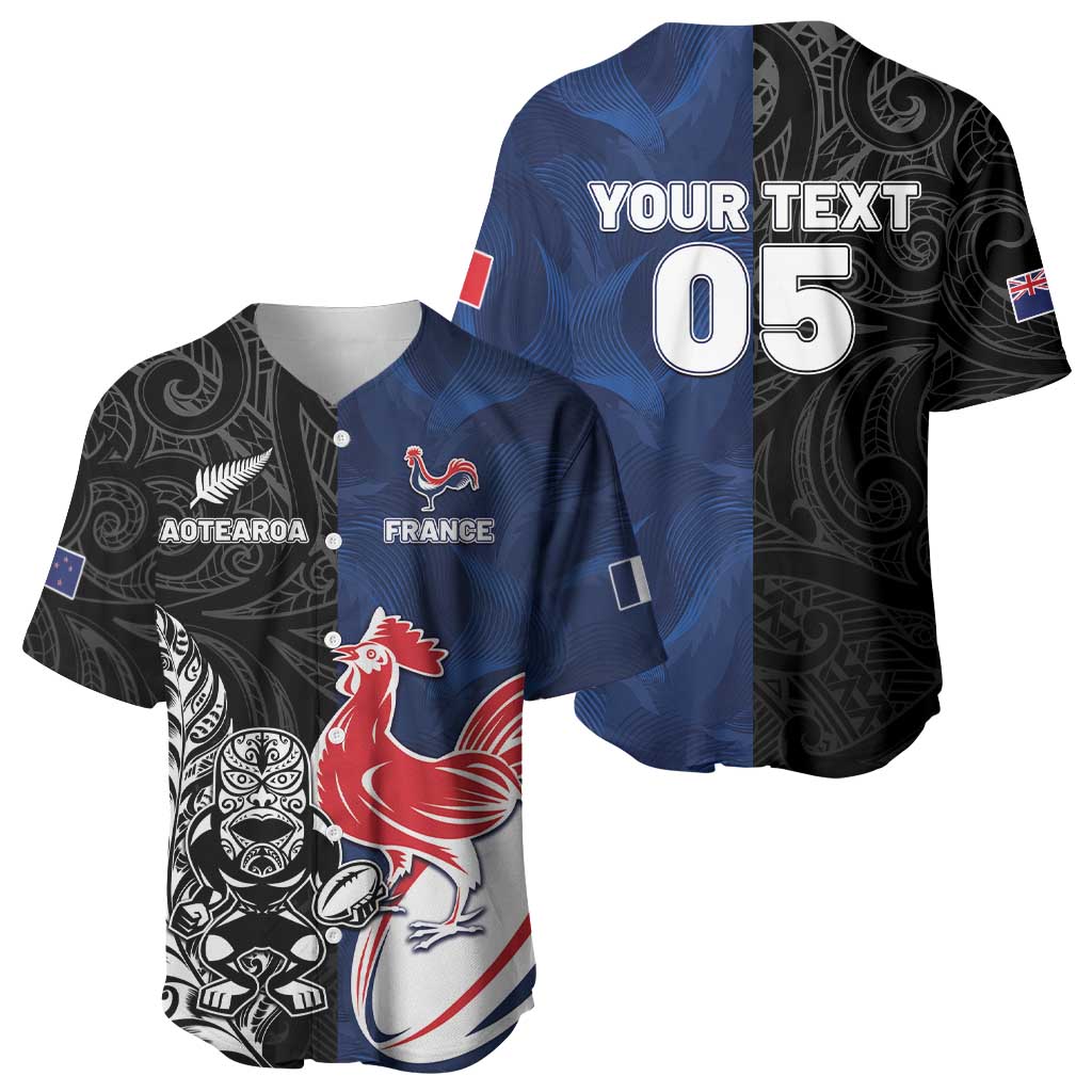 France And New Zealand Rugby Custom Baseball Jersey Les Bleus Rooster With Maori Tiki LT05 - Polynesian Pride