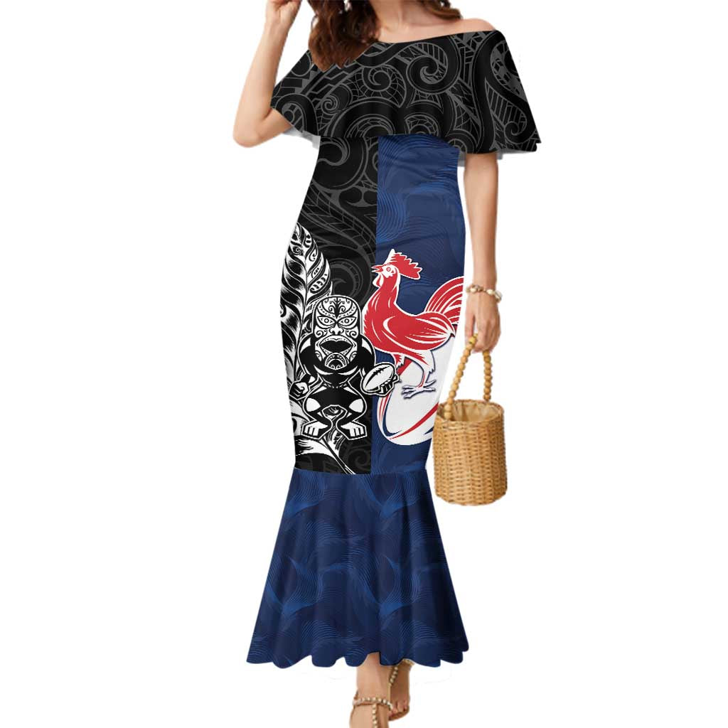 France And New Zealand Rugby Custom Family Matching Mermaid Dress and Hawaiian Shirt Les Bleus Rooster With Maori Tiki - Polynesian Pride