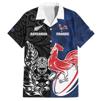 France And New Zealand Rugby Custom Family Matching Puletasi and Hawaiian Shirt Les Bleus Rooster With Maori Tiki LT05 Dad's Shirt - Short Sleeve Black - Polynesian Pride